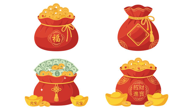 Chinese New Year red fortune bags vector set filled with gold coins paper money and sycee ingots on white background