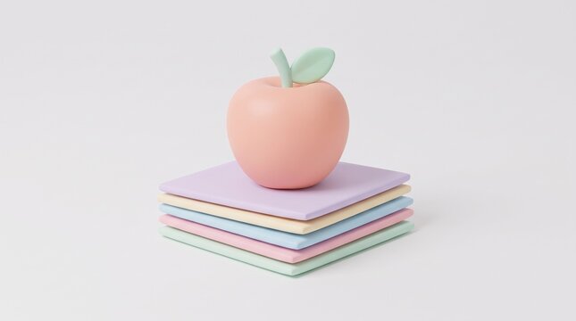 Cute pastel pink 3D clay apple sitting on stacked colorful books papers isolated on light grey background
