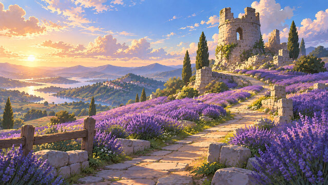 Lavender hillside path leading to a ruined stone tower