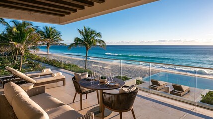 Obraz premium Luxury oceanfront balcony with beach and sea view in a tropical location during daytime Generative AI