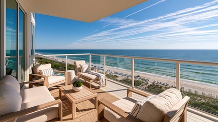 Obraz premium Luxury oceanfront balcony view with beach and sea view during daytime Generative AI
