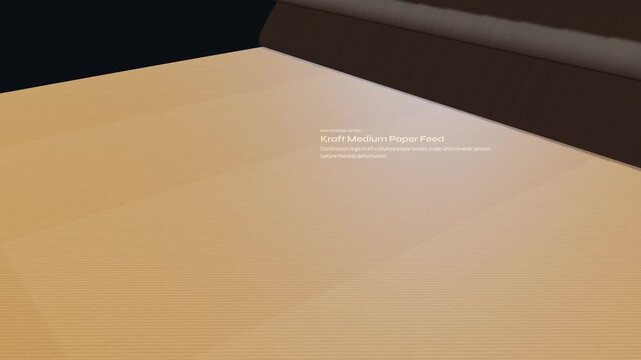 3D animation of industrial corrugator machine process, showing kraft paper fed through superheated fluting rolls, starch adhesive application, and thermal bonding to make structural corrugated board