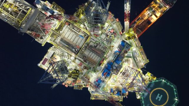 Aerial top view of offshore jack up rig and offshore platform during sunset for oil and gas exploration and production. 