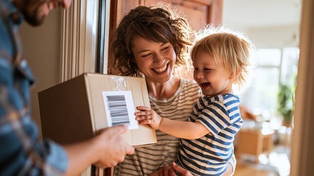 Parent receives delivery of children's essentials while holding toddler at apartment doorway Generative AI