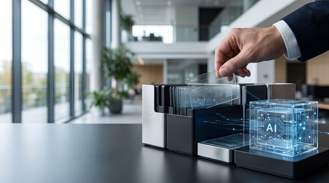 Professional businessman hand inserting transparent circuit card into scanner near glowing artificial intelligence cube symbolizing secure data processing.