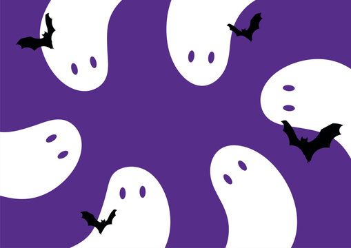 Minimalist Purple Halloween Pattern with White Ghosts and Black Bats