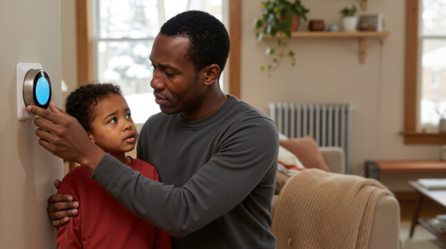 Father and son adjusting smart thermostat at home. Energy saving household concept