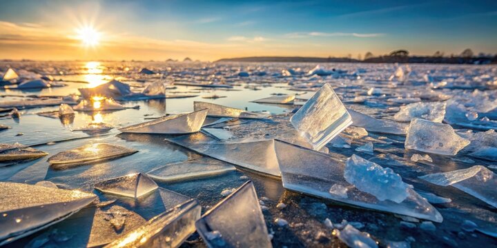 Frosty shattered ice shards scattered on a frozen winter landscape