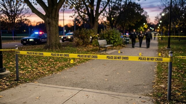 Police tape and crime scene markers in a park at dusk with police cars and officers in the background suggesting an investigation