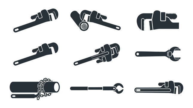 Plumbing pipe wrench and mechanical hand tool icons.