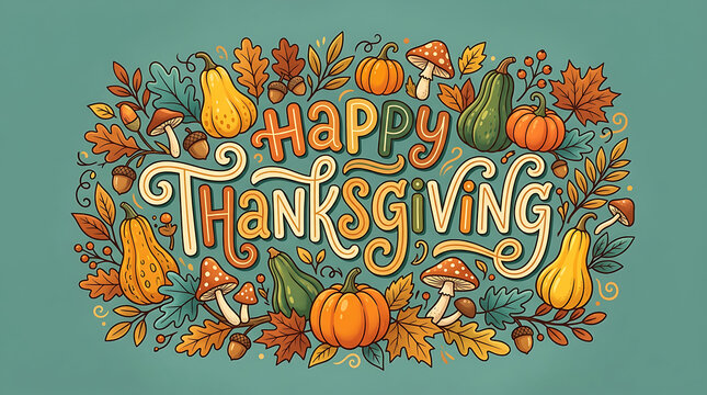 Festive autumnal harvest celebration with vibrant pumpkins, gourds, colorful leaves, mushrooms, and joyful fall foliage creating