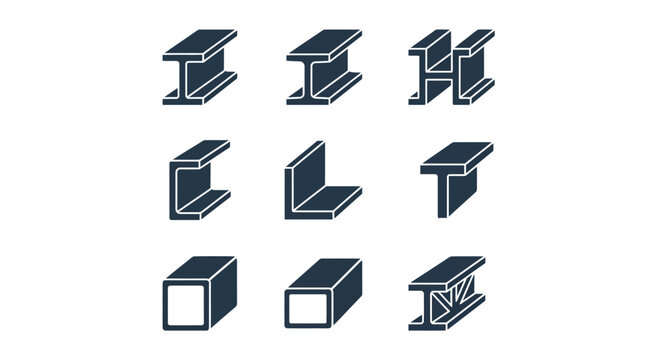 Structural steel beam and industrial metal profile icon collection.