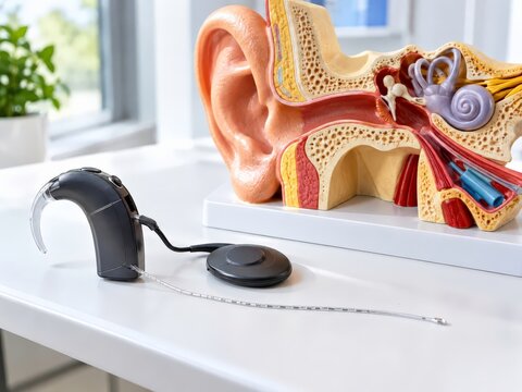 Cochlear implant sound processor and coil next to an anatomical ear model on a clinic shelf in bright daylight