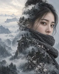Young Asian woman portrait with double exposure of misty mountain forest landscape © tonpreecha