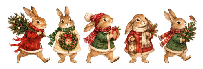 Fototapeta premium PNG Whimsical vintage watercolor Christmas bunny characters carrying festive gifts