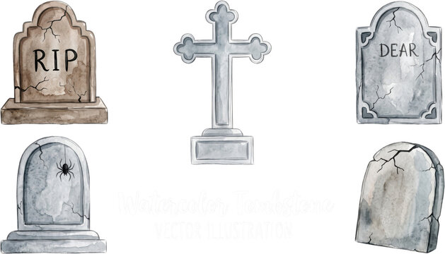 Watercolor collection of old creepy tombstones and gravestones with cracks text and a spider symbolising death cemetery themes Halloween decoration elements cross rip monument