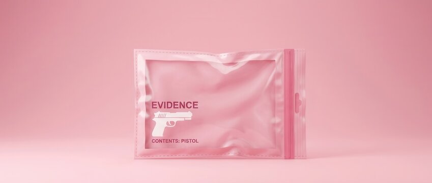 Pink Plastic Evidence Bag with Silhouette of Gun and Text Crime Scene Concept