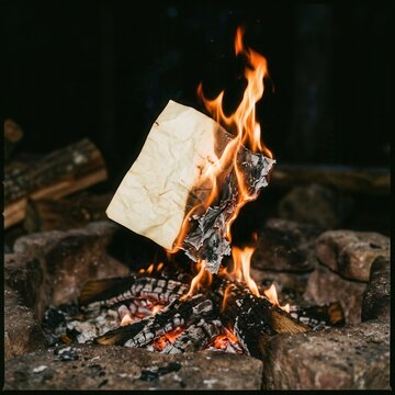 Paper Burning in Campfire Flames Abstract Concept of Destruction Memory Loss or Revelation