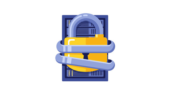 Cybersecurity and Data Protection Illustration: Yellow Padlock Wrapped Around a Network Server Rack