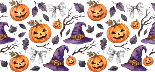 Fototapeta premium Watercolor seamless pattern featuring carved jack o lantern pumpkins purple witch hats spooky bare tree branches dark leaves and elegant ribbons arranged in a repetitive design