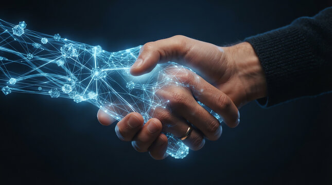 Close up of human hand shaking hands with digital artificial intelligence network entity