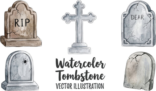 Watercolor tombstones collection featuring various weathered grave markers cracked headstones a stone cross and spooky Halloween cemetery elements painted in soft grey and brown tones