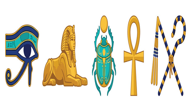 Ancient Egyptian culture vector icons set with eye of horus sphinx scarab beetle ankh cross crook and flail illustration
