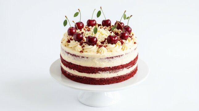 Delicious red velvet cake topped with cherries isolated on white