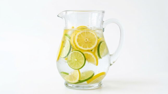 Glass pitcher filled with lemon and lime slices isolated white