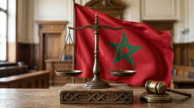 Moroccan Justice System Scales of Justice and Flag in Courtroom Law and Legal Concept