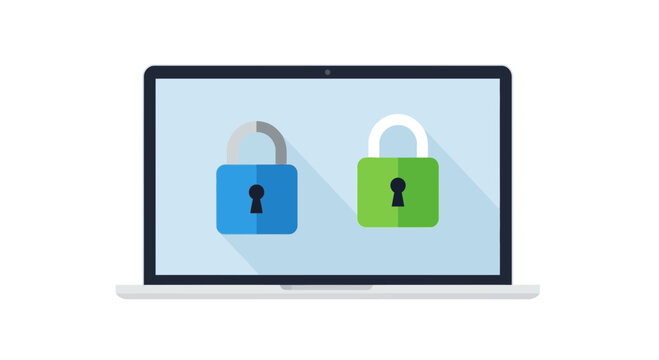 Cybersecurity Concept Illustration of a Laptop with Padlock Icons Representing Data Protection, Online Privacy, and Secure Network Access