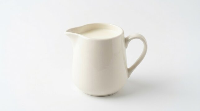 Milk pitcher filled with fresh milk stands isolated on white