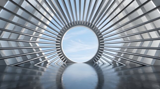 Abstract metal tunnel with a bright circular portal opening to a blue sky view inside a modern futuristic architectural structure
