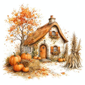 Autumn Cottage Yard With Bundled Corn Stooks And Pumpkins