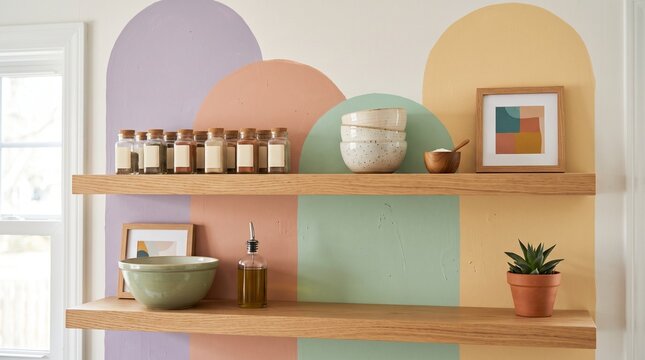 Painted arch kitchen wall with lavender, peach, mint and yellow shapes, floating shelves, spice jars and cozy dopamine decor styling
