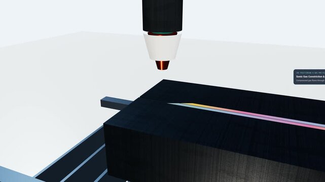 3D scientific animation of plasma arc cutting process, demonstrating sonic gas constriction and ionization as a torch precisely cuts through a thick steel metal block in an industrial setting