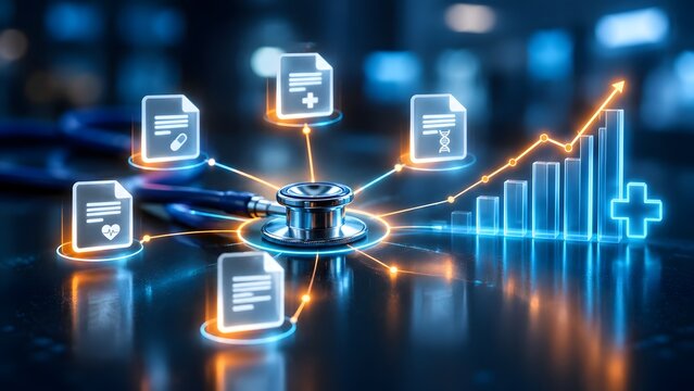Stethoscope connecting to digital medical records and rising graph for healthcare data analysis and health tech concept