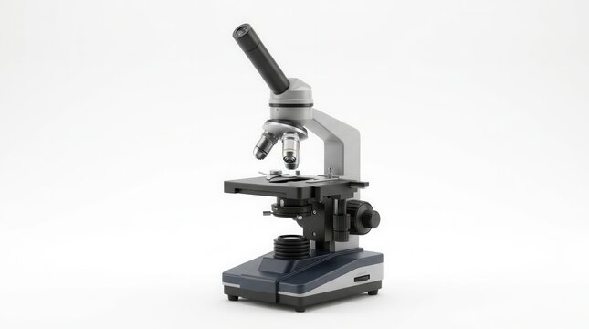 Modern compound microscope with optical lenses and stage isolated on a clean white background ideal for science research and education