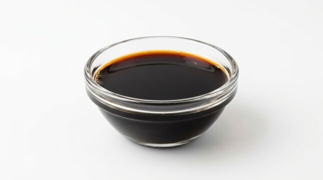 Soy sauce in small glass bowl isolated on white background