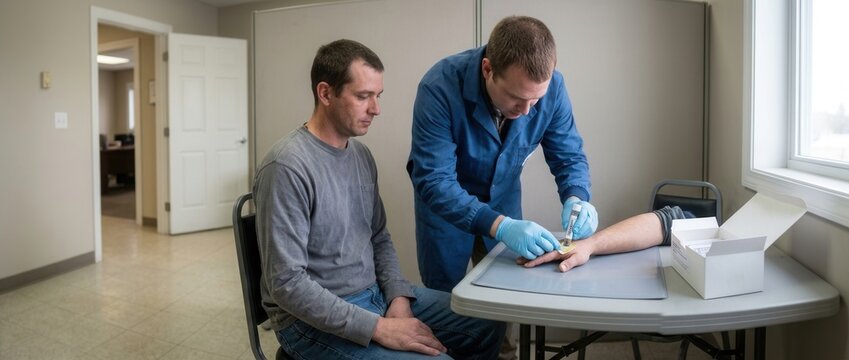 Medical professional performing a blood test on a patients finger in an office setting close up on the procedure