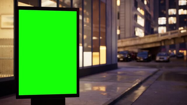 Green screen billboard mockup in a modern city in the blue hour before sunrise, light fog. Timelapse of street traffic with defocused buildings and glowing windows in the background. Replace the green