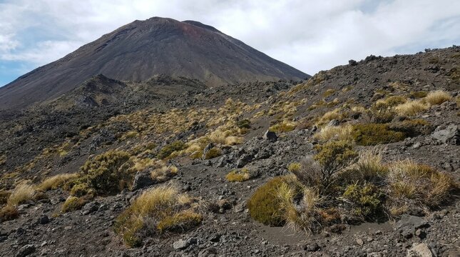Sparse vegetation grows slowly on rocky volcanic mount ngauruoe soil