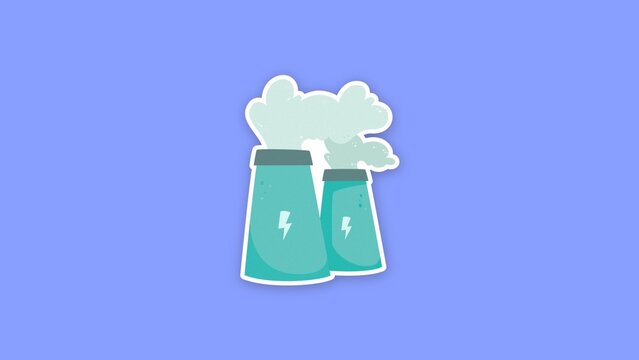Eco Friendly Sticker / Power Plant Cooling Towers with Lightning Bolts and Steam Clouds, Sticker for Energy Explainers, Pollution Topics and Eco Presentations / Horizontal / Part 07