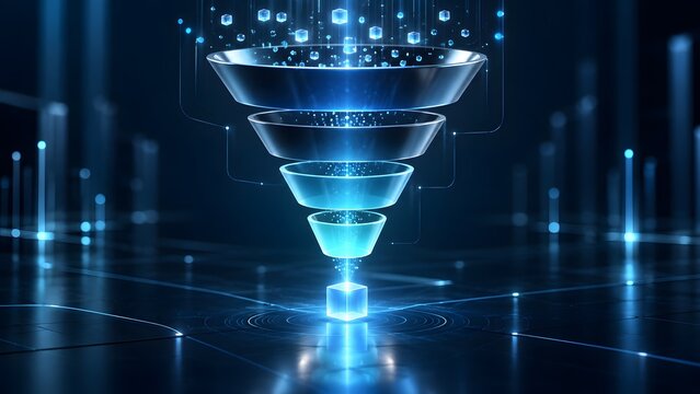 Glowing blue digital funnel converting scattered data blocks into single cube for sales and marketing strategy concept