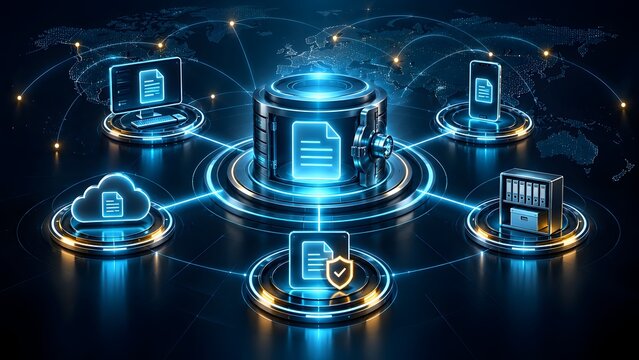 Global data security network with digital document vault connected to devices and cloud storage over glowing world map background