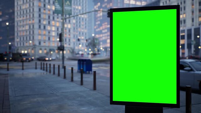 Vertical green screen citylight sign on a city sidewalk in warm afternoon light, partly cloudy sky. Time lapse of city traffic, bokeh lights and moving cars. Clean chroma key area for compositing