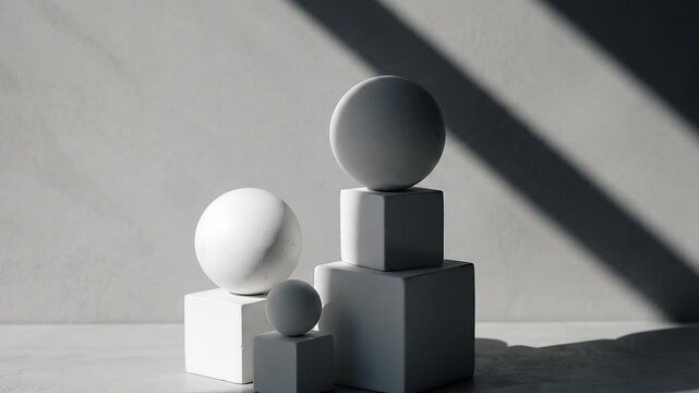 Minimalist Composition of Geometric Shapes and Spheres with Dramatic Shadows.