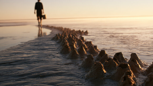 Mudskipper burrow tidal flat at dawn with distant ecologist walking beside reflective mangrove mudflat and soft golden light