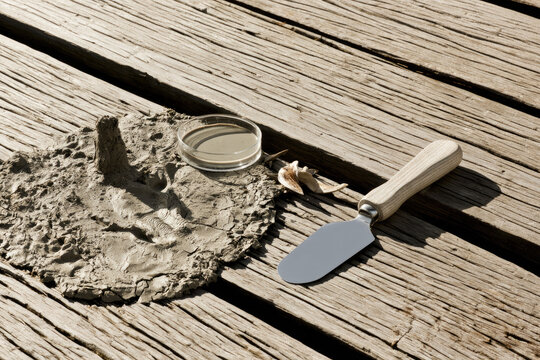 Mudskipper burrow beside glass dish, spatula, wet silt, and mangrove seed on weathered wooden boardwalk