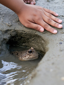 Mudskipper burrow tidal flat hand sand water wet silt closeup wildlife observing mudskipper inside flooded burrow beneath hand resting damp tidal flat, with textured skin, rippling water